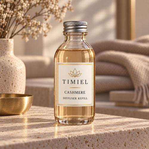 TIMIEL Cashmere diffúzor utántöltő, 100 ml – meleg bézs illatoldat üvegflakonban, vanília illat