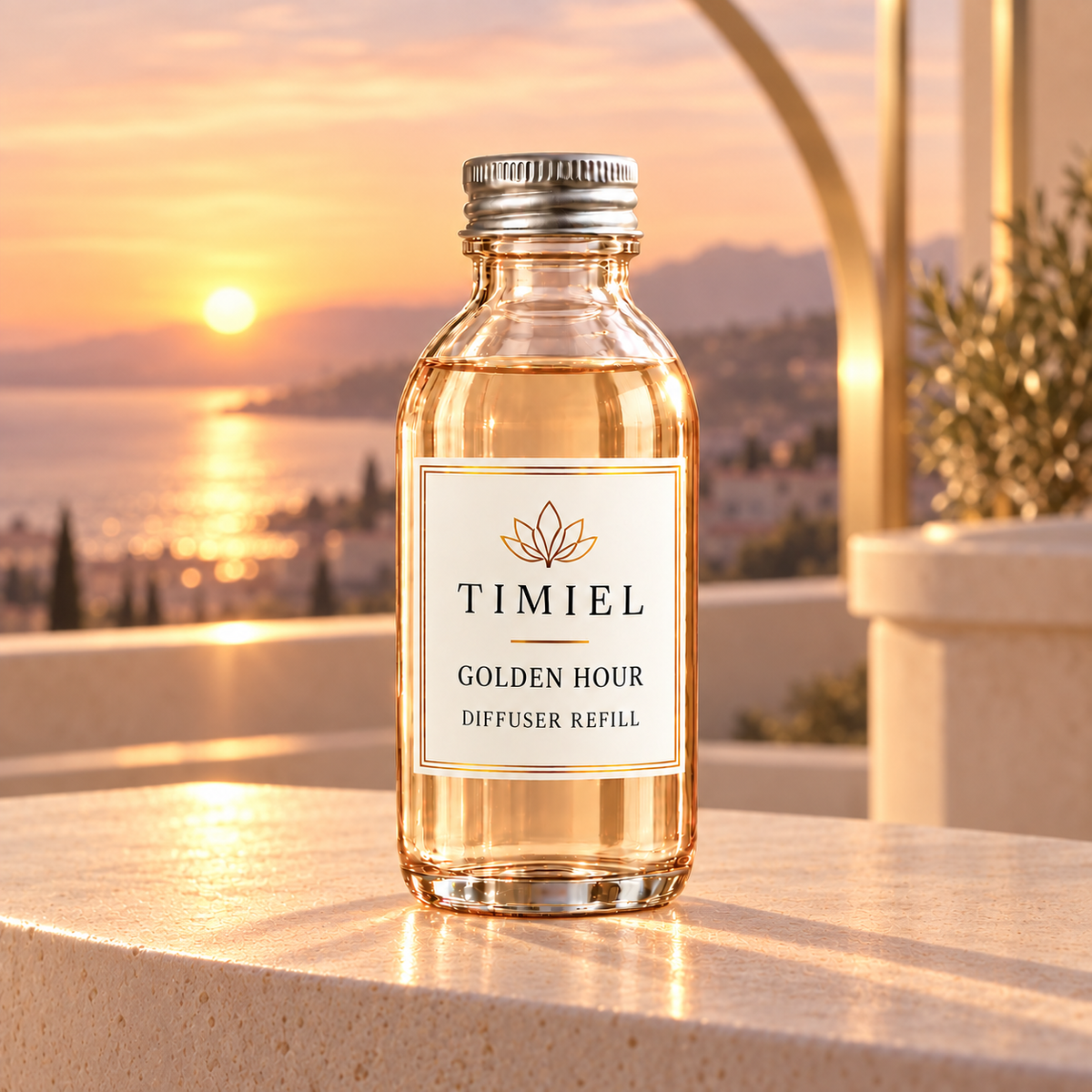 TIMIEL Golden Hour diffúzor utántöltő, 100 ml – aranyszínű illatoldat üvegflakonban, ylang ylang és mandarin illat